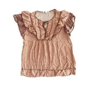 DR2 Women’s Floral Ruffle Blouse Size M 
Peasant Top with Tie Neck | Rust Pink